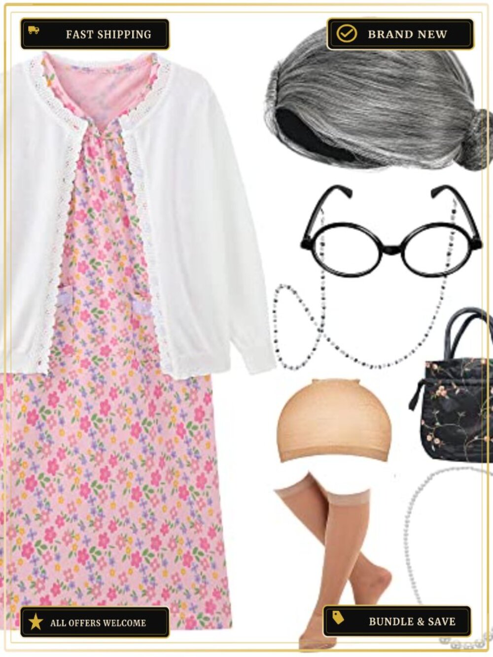 Kids Old Lady Costume Granny Dress Halloween 100th Day Set